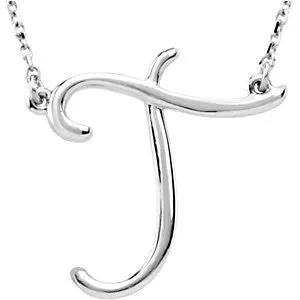 14k White Gold "T" Script Initial 16" Necklace