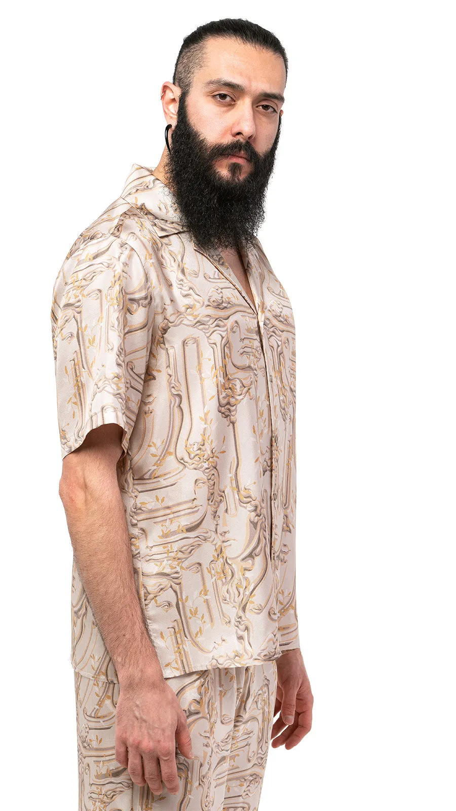 Antic Faces Print Silk Bowling Shirt