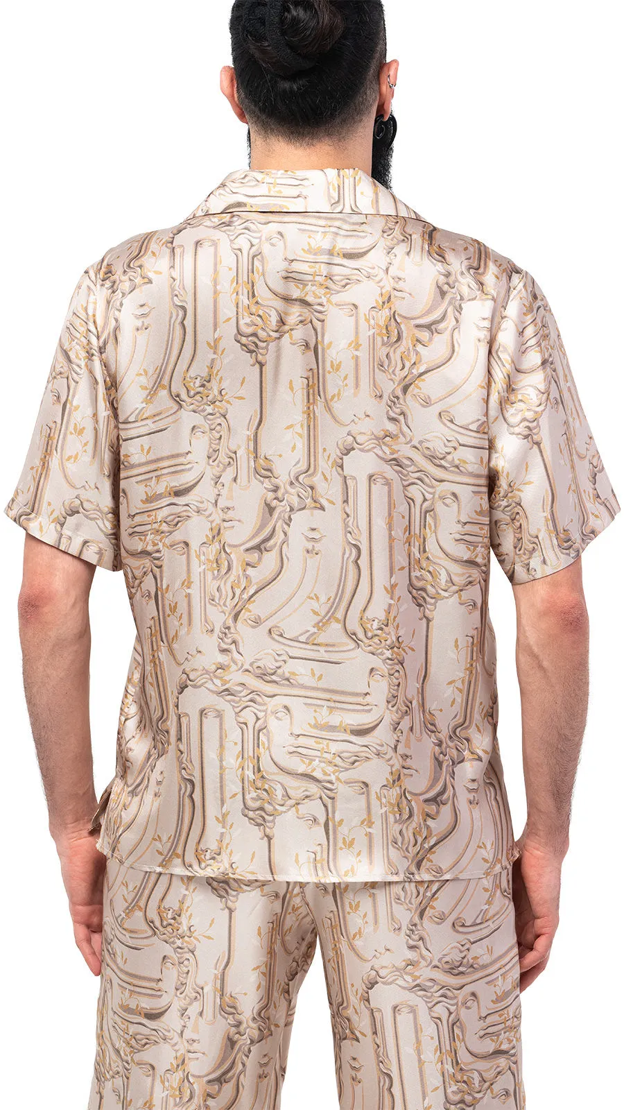 Antic Faces Print Silk Bowling Shirt