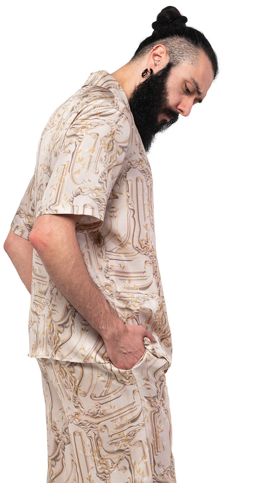 Antic Faces Print Silk Bowling Shirt