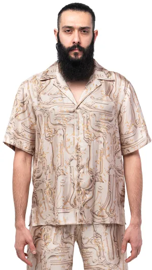 Antic Faces Print Silk Bowling Shirt