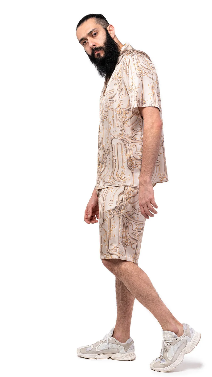 Antic Faces Print Silk Bowling Shirt
