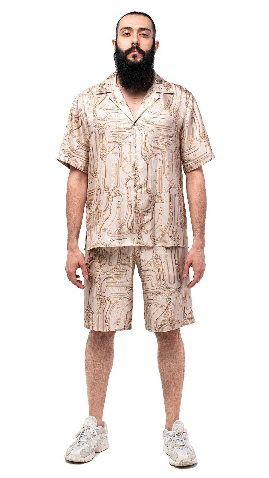 Antic Faces Print Silk Bowling Shirt