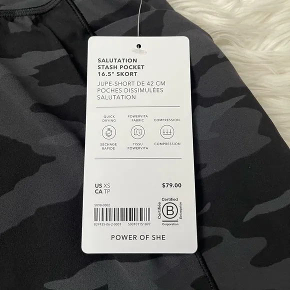 {Athleta} Salutation Stash Pocket 16.5&quot; Skort in Black / Grey Camo - XS - NWT