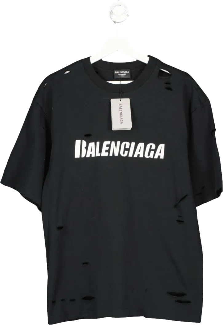 Balenciaga Black Boxy Logo Print distressed T Shirt UK L