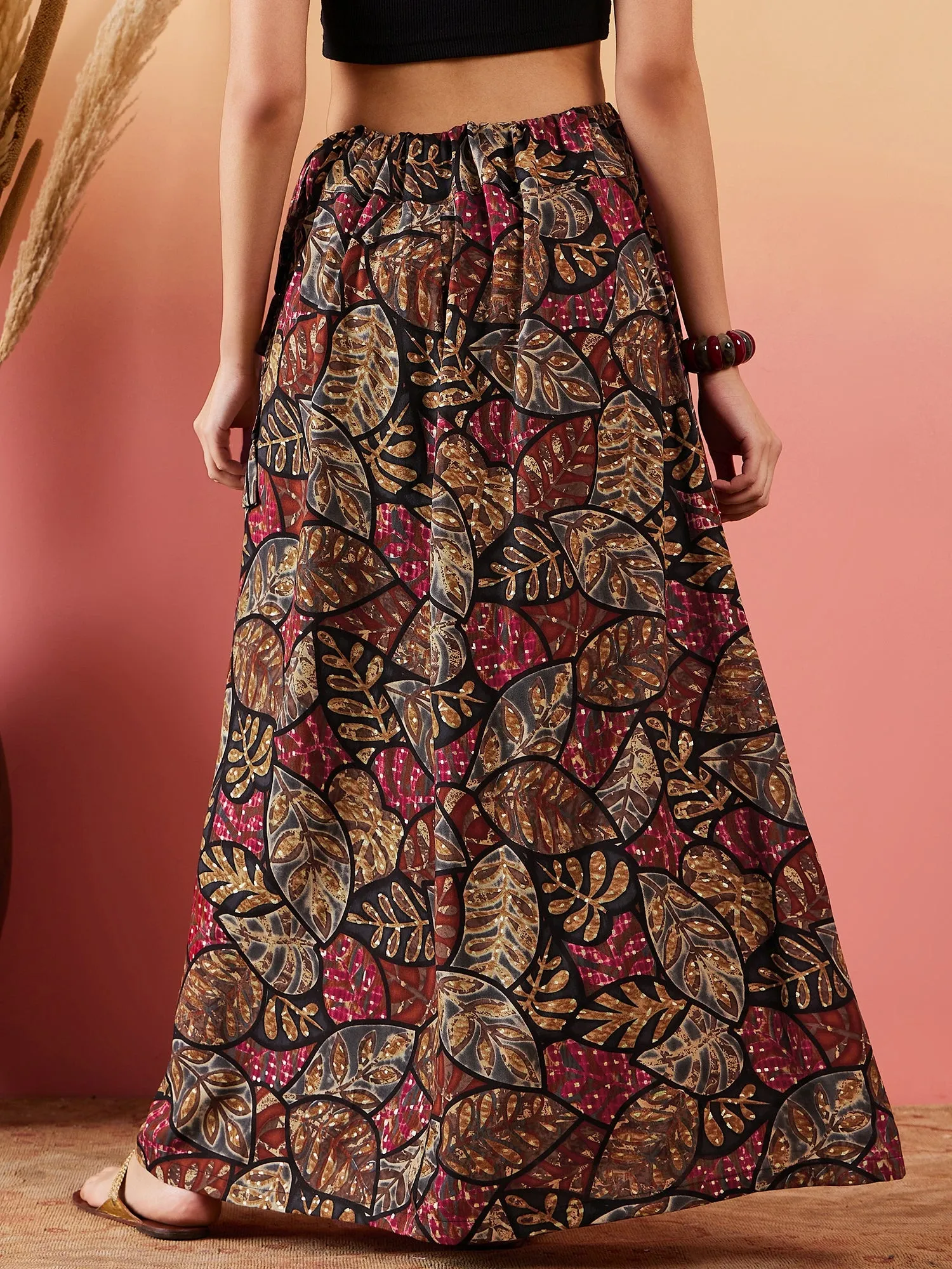 Black Grey Leaf Print Foil Skirt