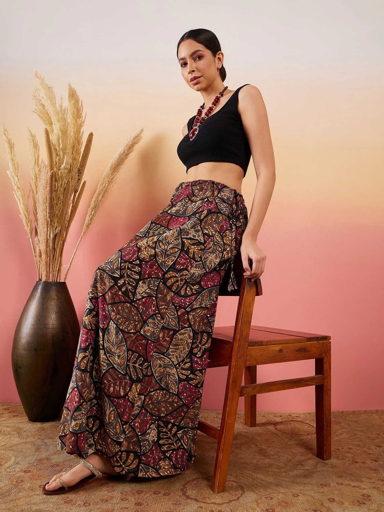 Black Grey Leaf Print Foil Skirt