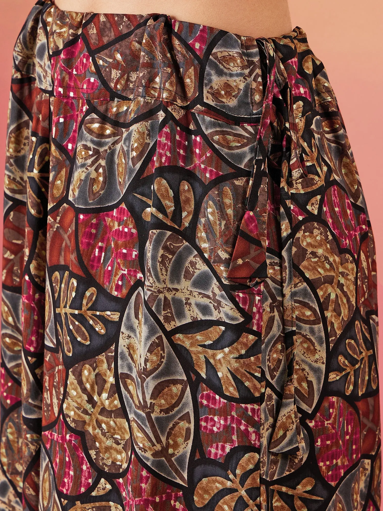 Black Grey Leaf Print Foil Skirt