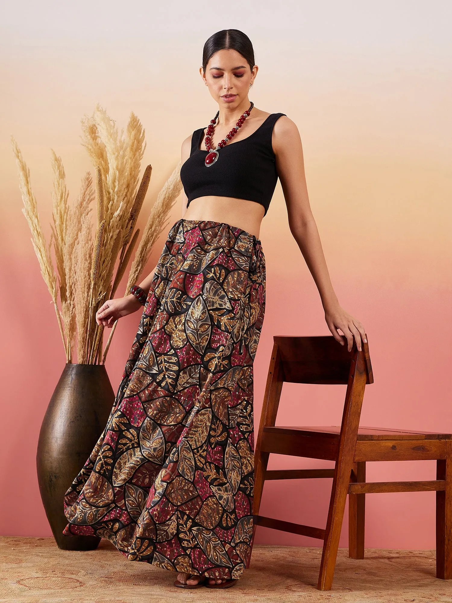 Black Grey Leaf Print Foil Skirt