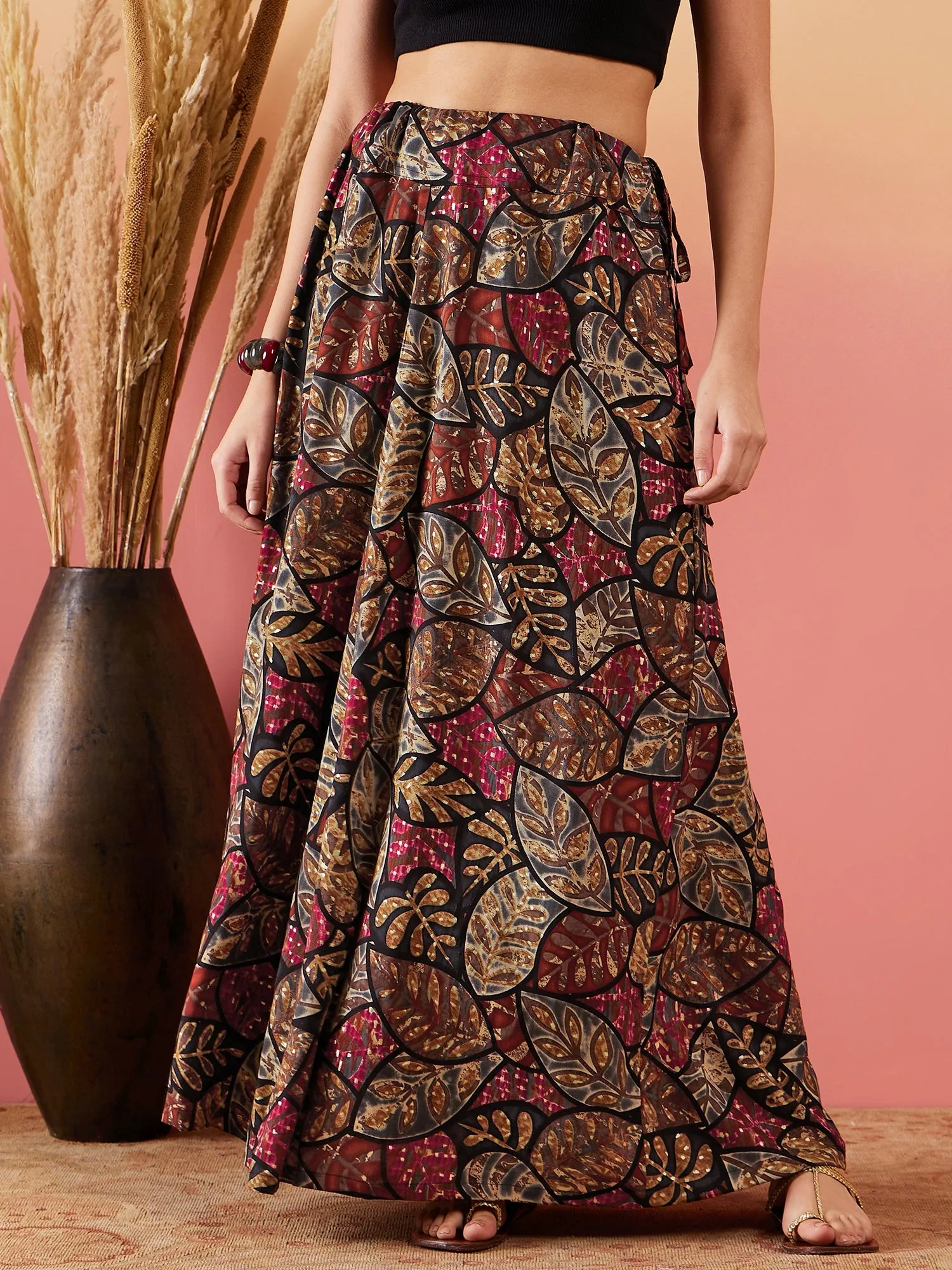 Black Grey Leaf Print Foil Skirt