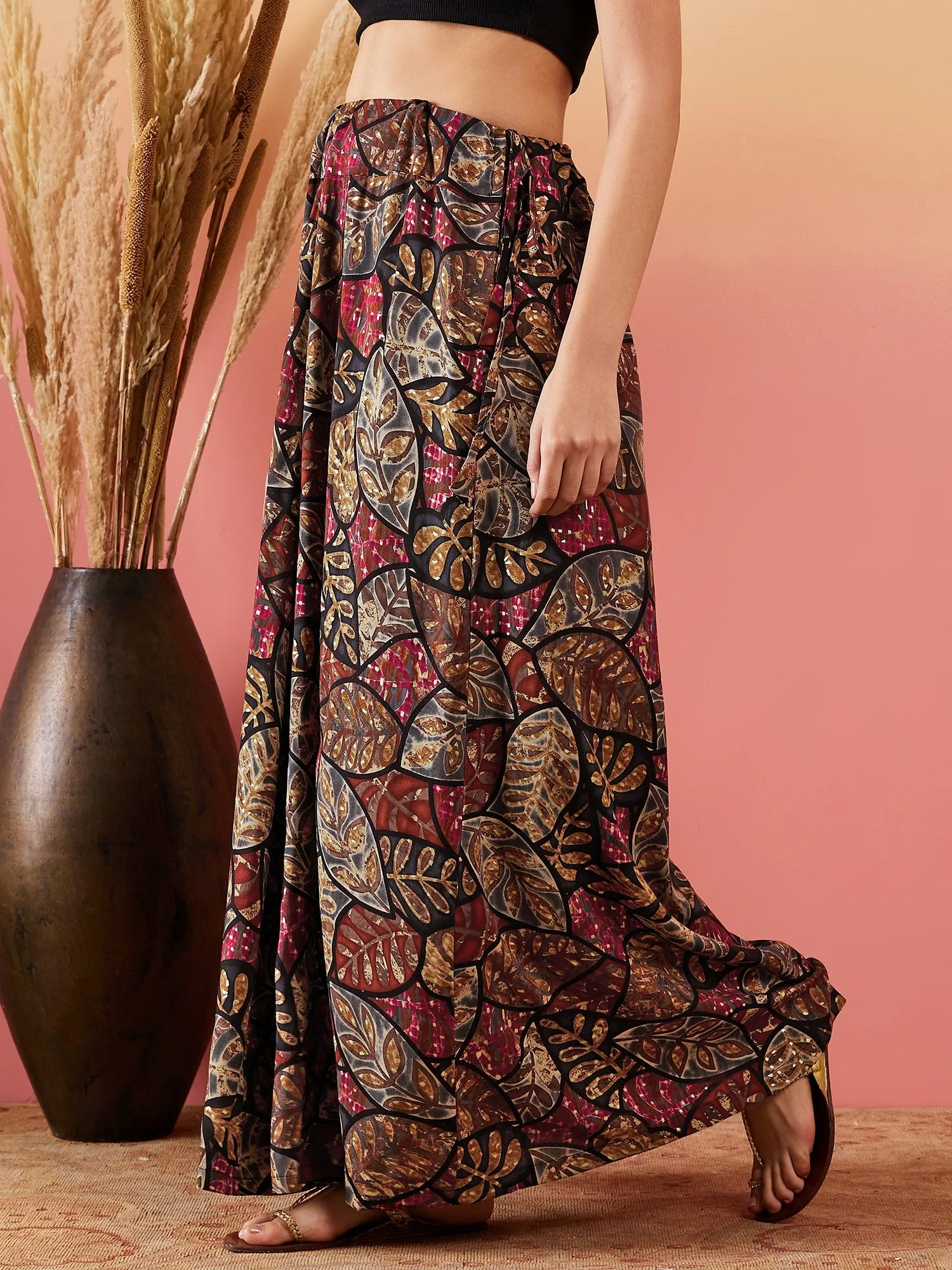 Black Grey Leaf Print Foil Skirt