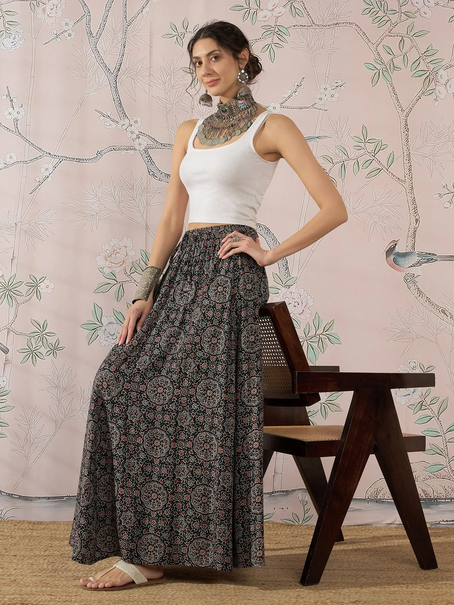 BLACK MAROON AJRAKH FR SKIRT