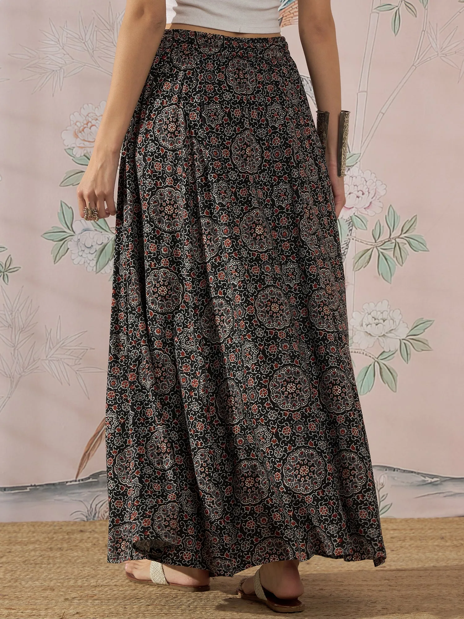 BLACK MAROON AJRAKH FR SKIRT