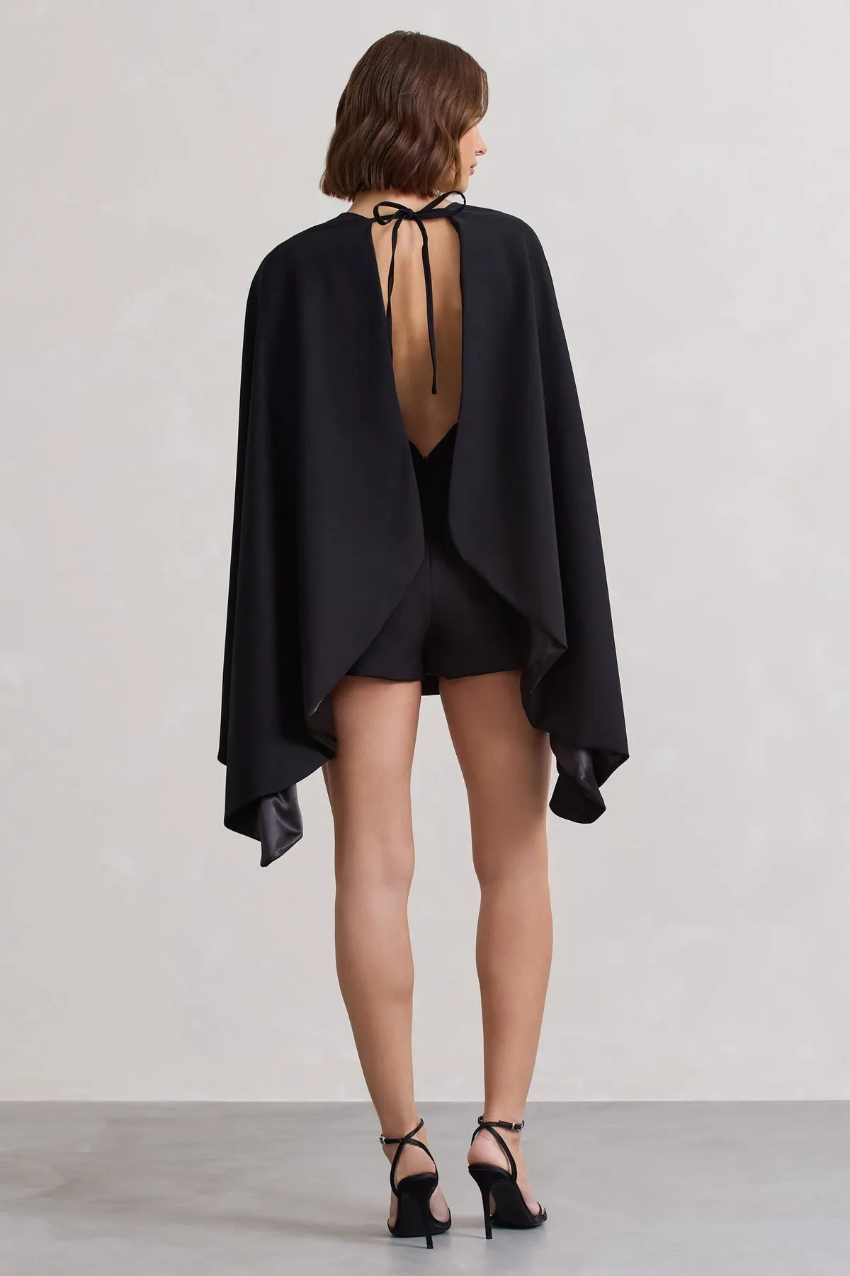Black Open-Back Skort Jumpsuit with Cape