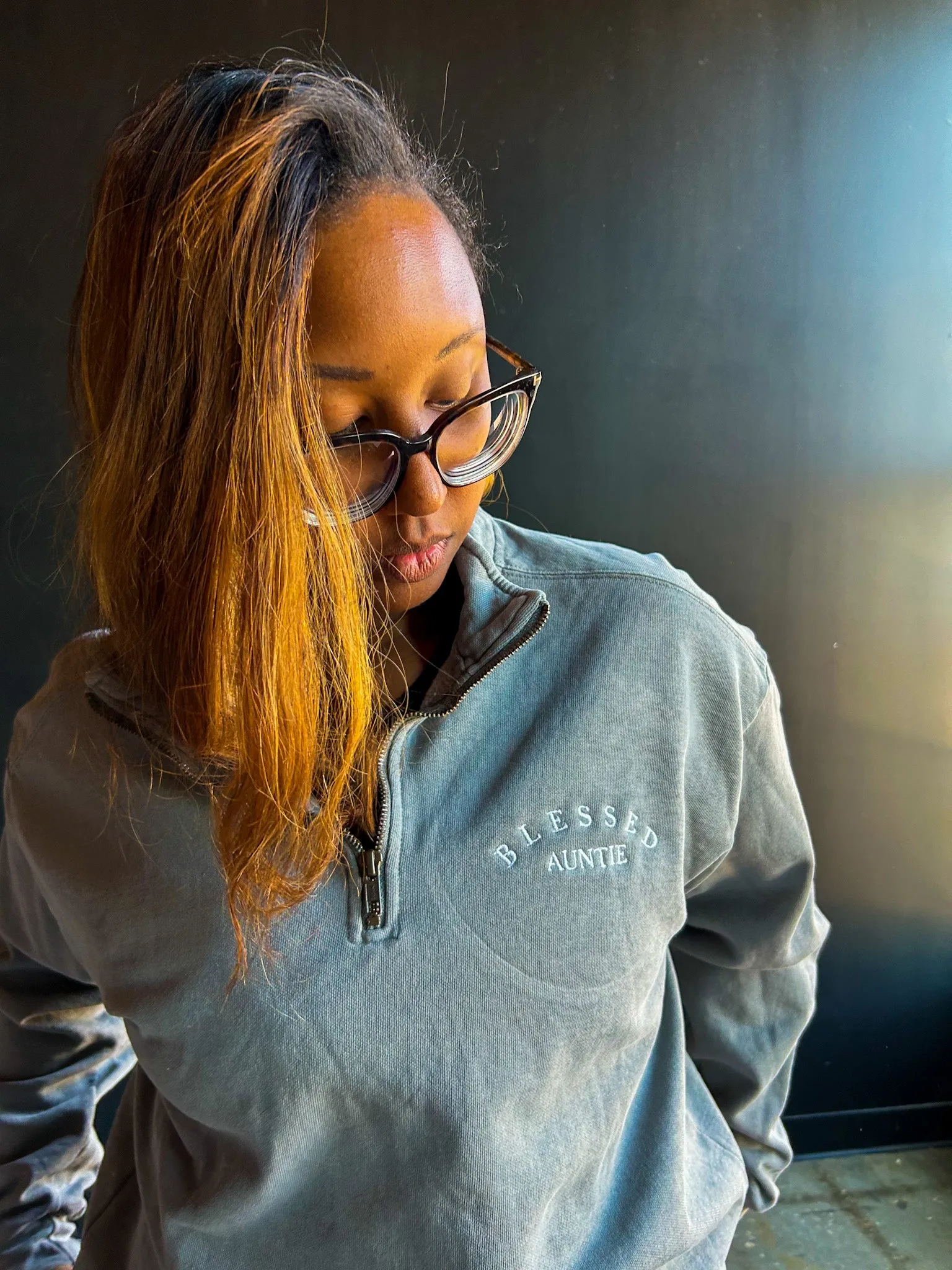 Blessed Auntie Embroidered Adult Quarter Zip Sweatshirt