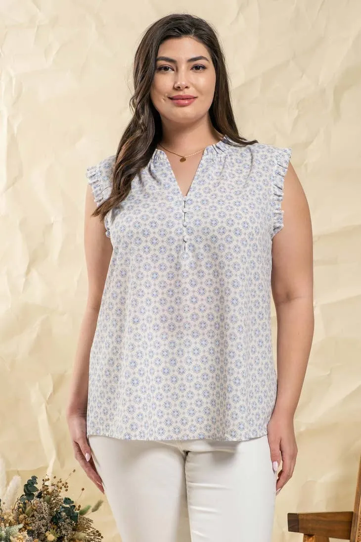Blu Pepper Tile Print Sleeveless Woven Top. Fall Clearance!