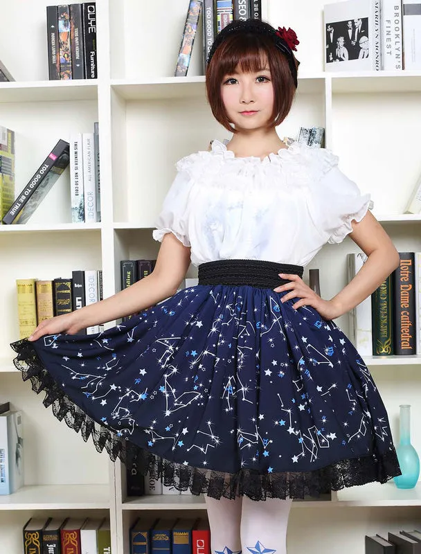 Blue Lolita Dress Sweet Constellation Printed Lolita Skirt With Black Lace Trim
