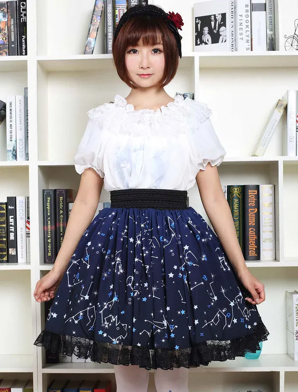 Blue Lolita Dress Sweet Constellation Printed Lolita Skirt With Black Lace Trim