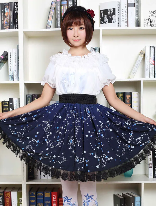 Blue Lolita Dress Sweet Constellation Printed Lolita Skirt With Black Lace Trim