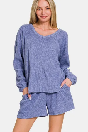 Blue Purple V-Neck Long Sleeve Ribbed Top and Shorts Set
