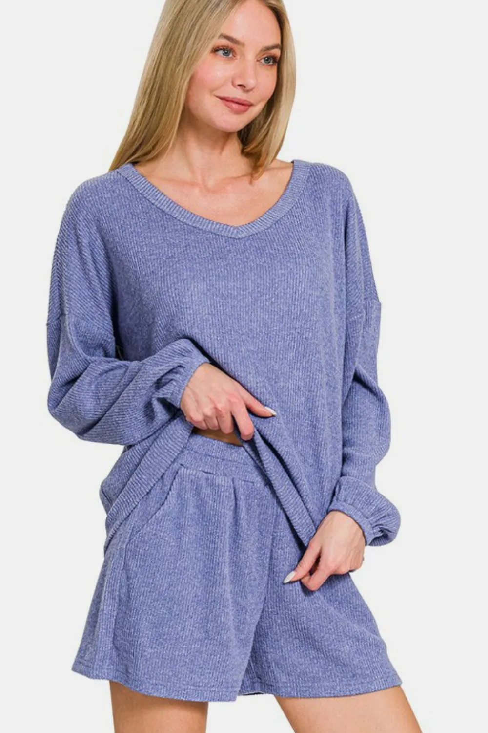 Blue Purple V-Neck Long Sleeve Ribbed Top and Shorts Set