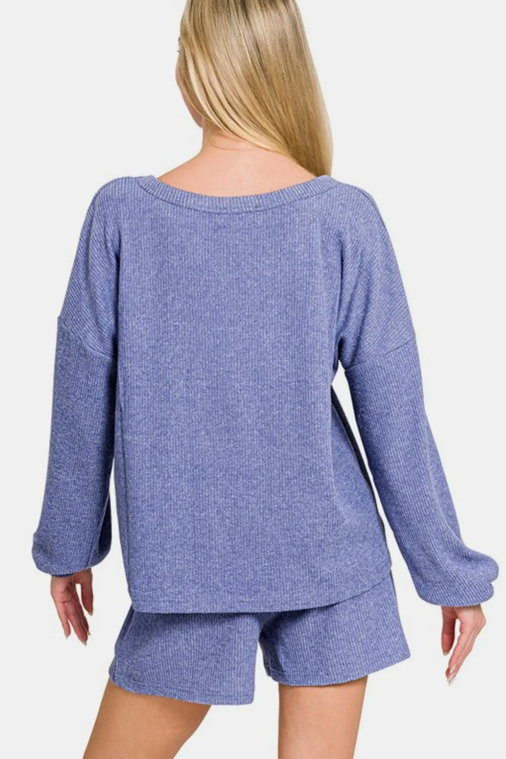 Blue Purple V-Neck Long Sleeve Ribbed Top and Shorts Set