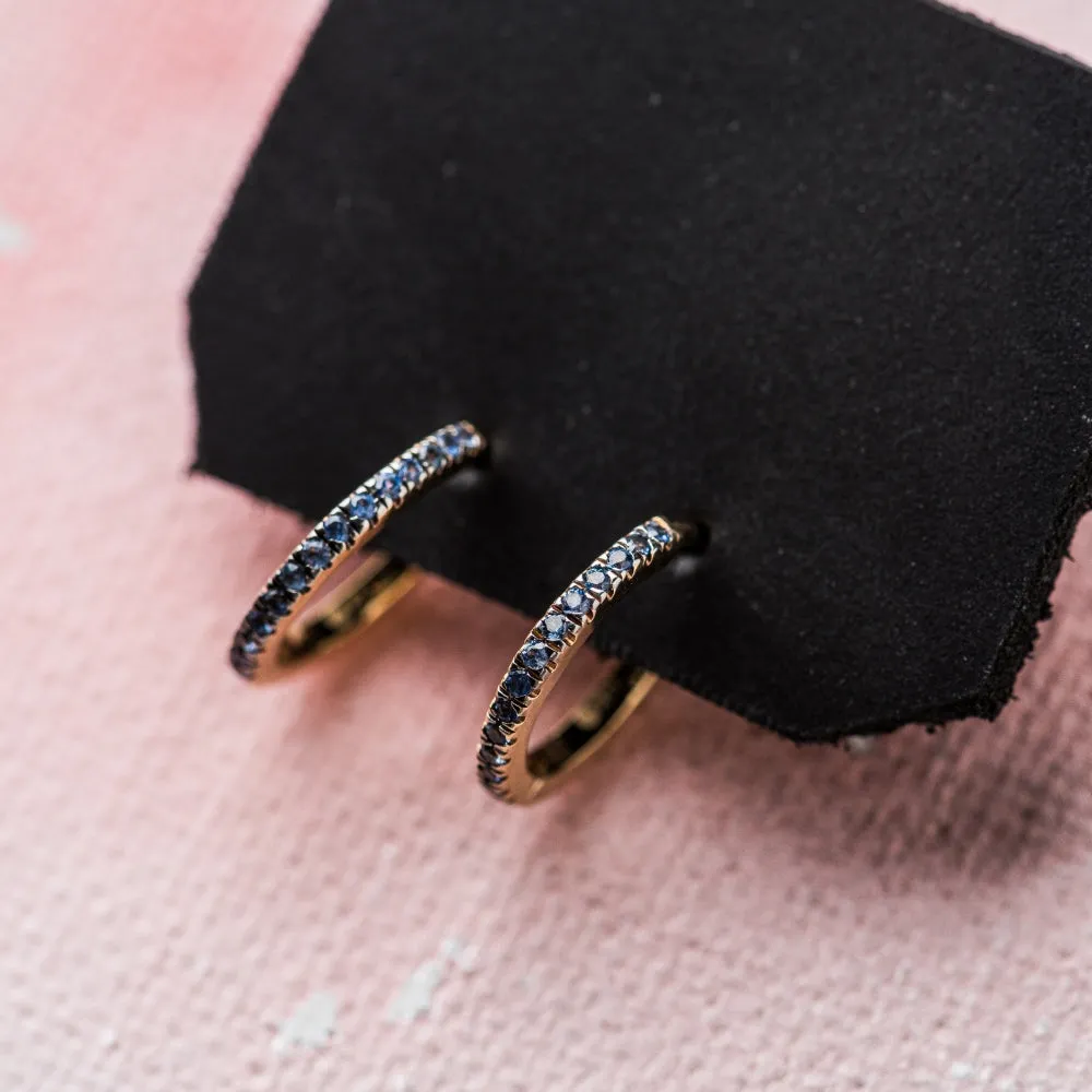 Blue Sapphire Thin Huggie Earrings in 14k Gold