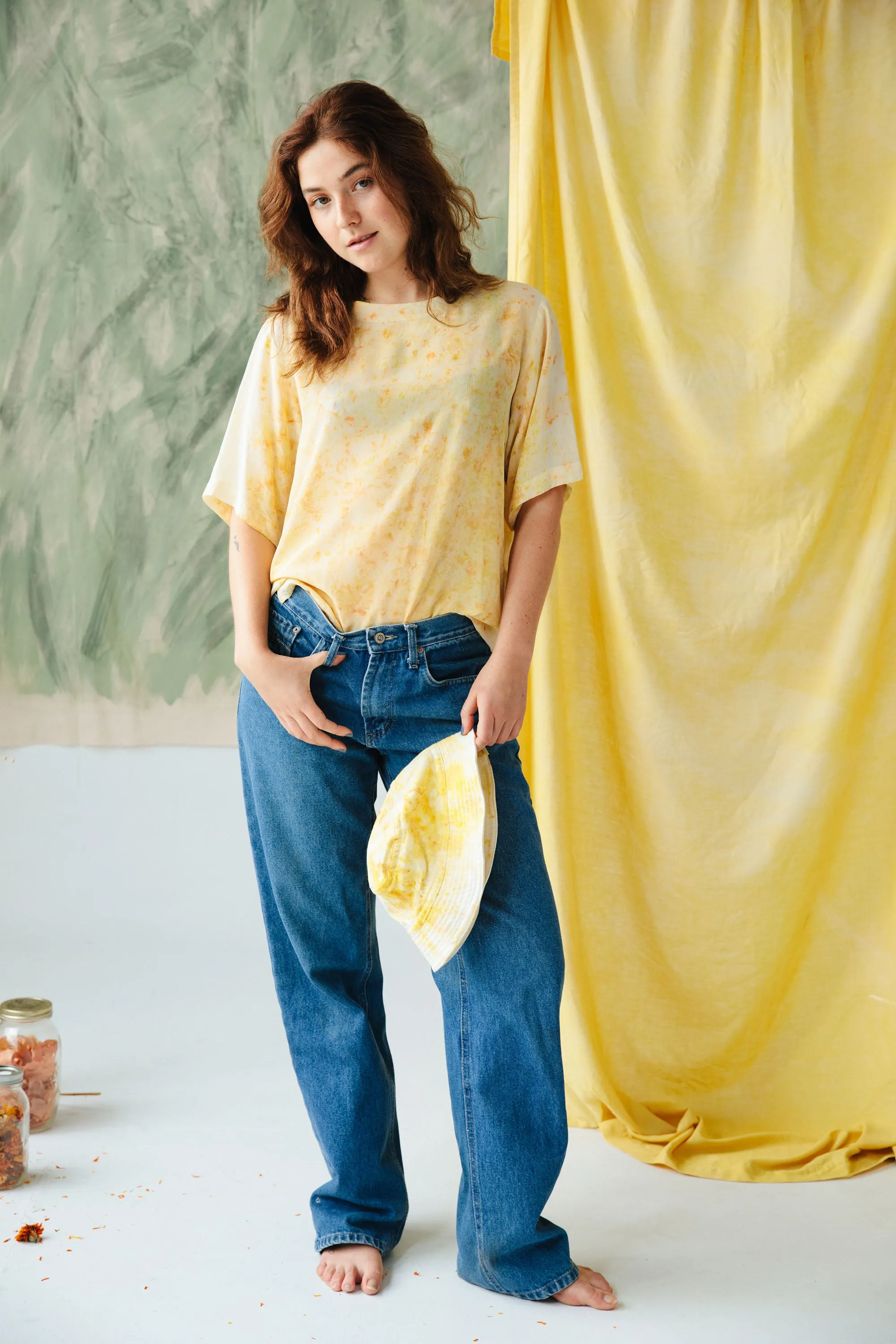 Bundle Dyed Silk Short Sleeve Top - Sulfur Cosmos Bursts