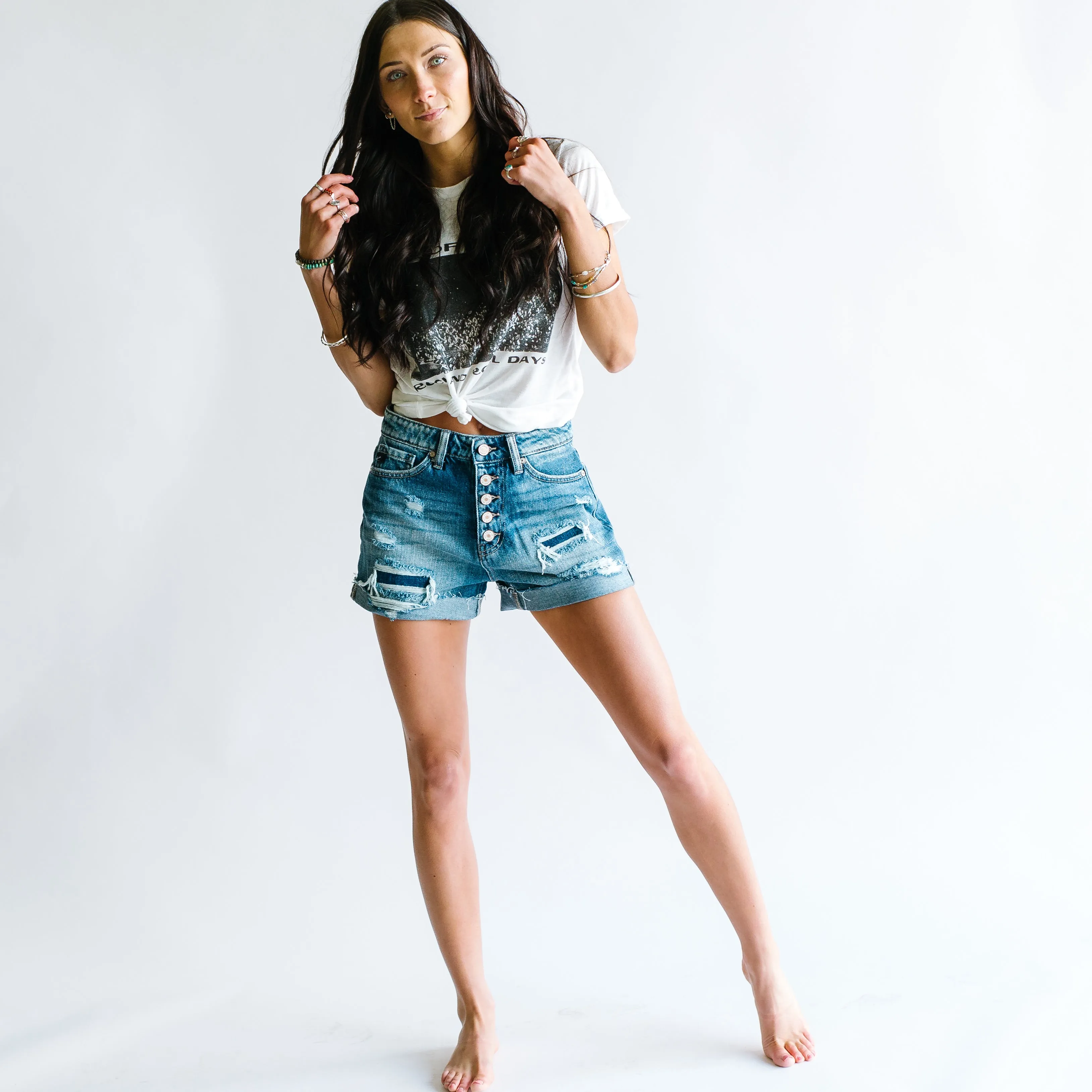 Cali Distressed Button Fly Girlfriend Shorts // Medium Wash