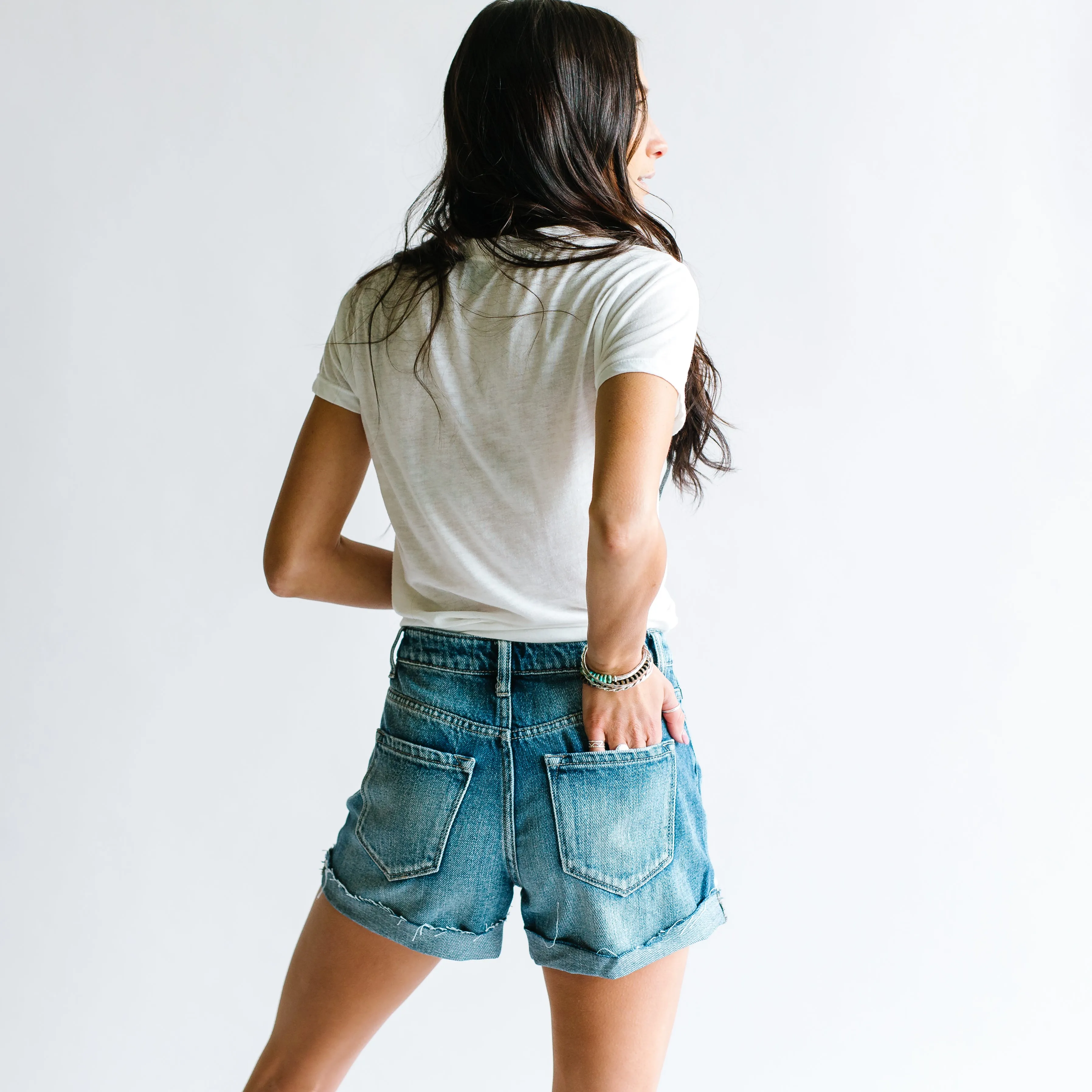 Cali Distressed Button Fly Girlfriend Shorts // Medium Wash