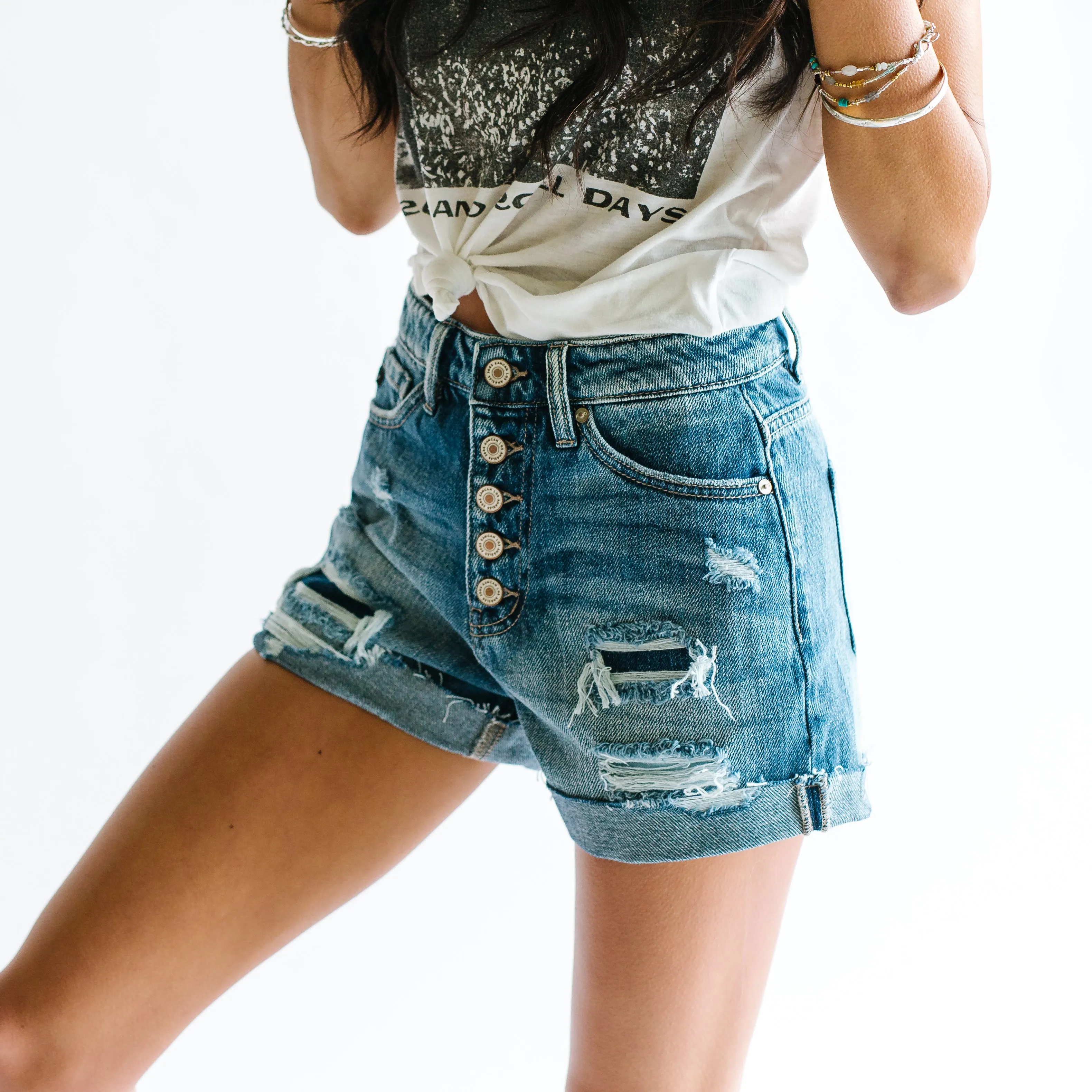 Cali Distressed Button Fly Girlfriend Shorts // Medium Wash