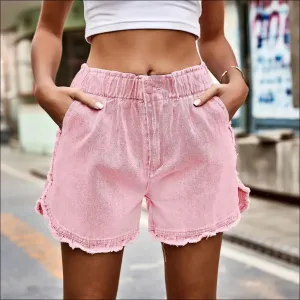 Chic Elastic Waist Raw Hem Denim Shorts