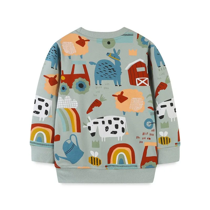 Children's Cartoon Animals Print Long Sleeve Cotton Sweatshirt - Red, Brown, Beige, Green