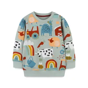 Children's Cartoon Animals Print Long Sleeve Cotton Sweatshirt - Red, Brown, Beige, Green