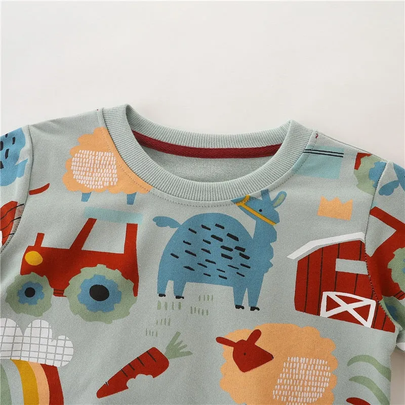 Children's Cartoon Animals Print Long Sleeve Cotton Sweatshirt - Red, Brown, Beige, Green