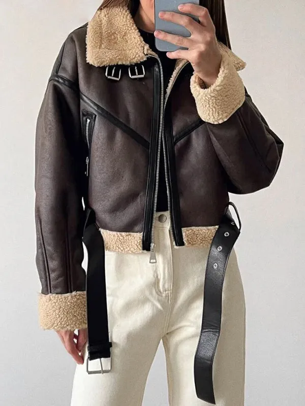Classic brown leather jacket with lambswool lining and leather splice 