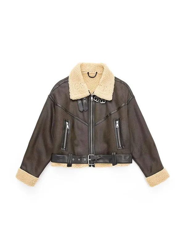 Classic brown leather jacket with lambswool lining and leather splice 