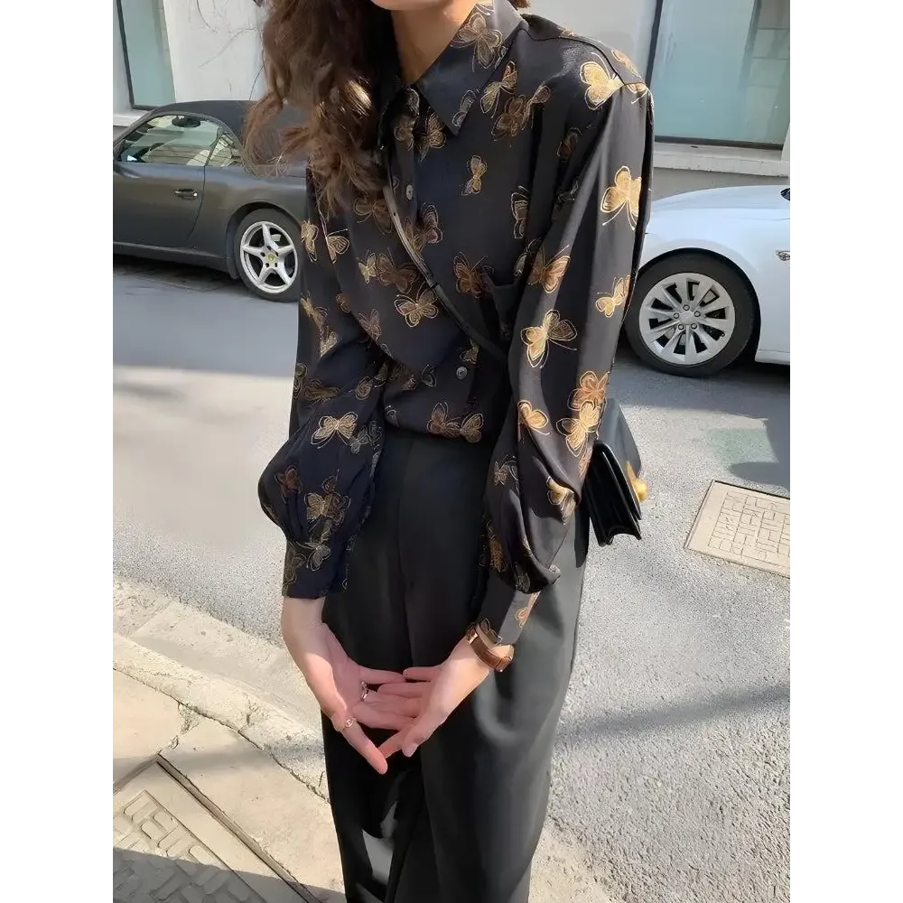 Dark Academia Shirt with Elegant Butterfly Print Details