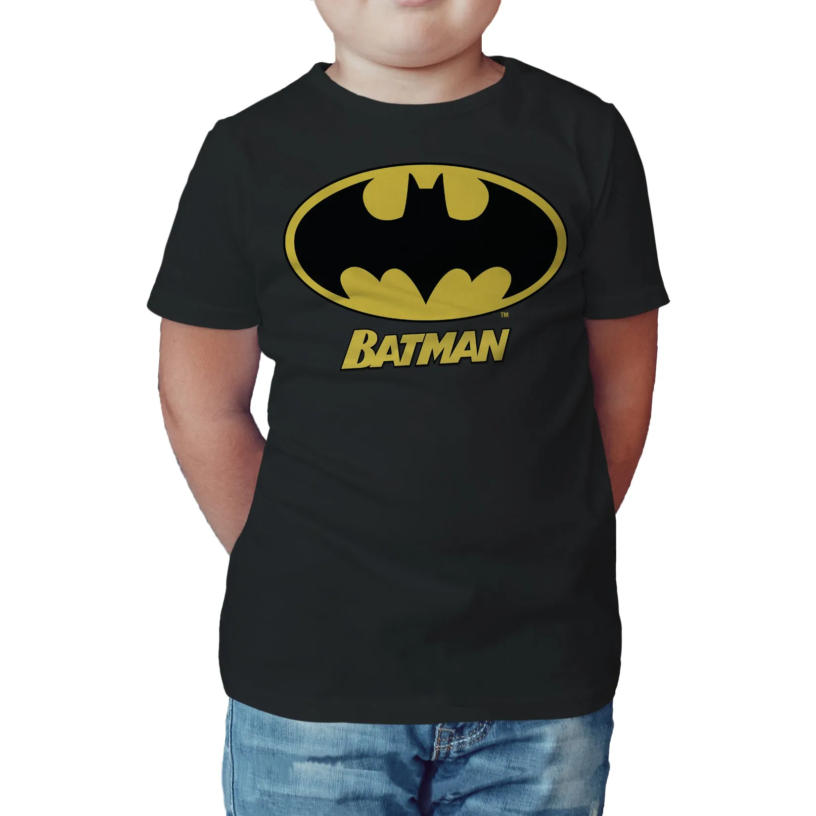 DC Comics Batman Logo Name Official Kid's T-Shirt (Black)