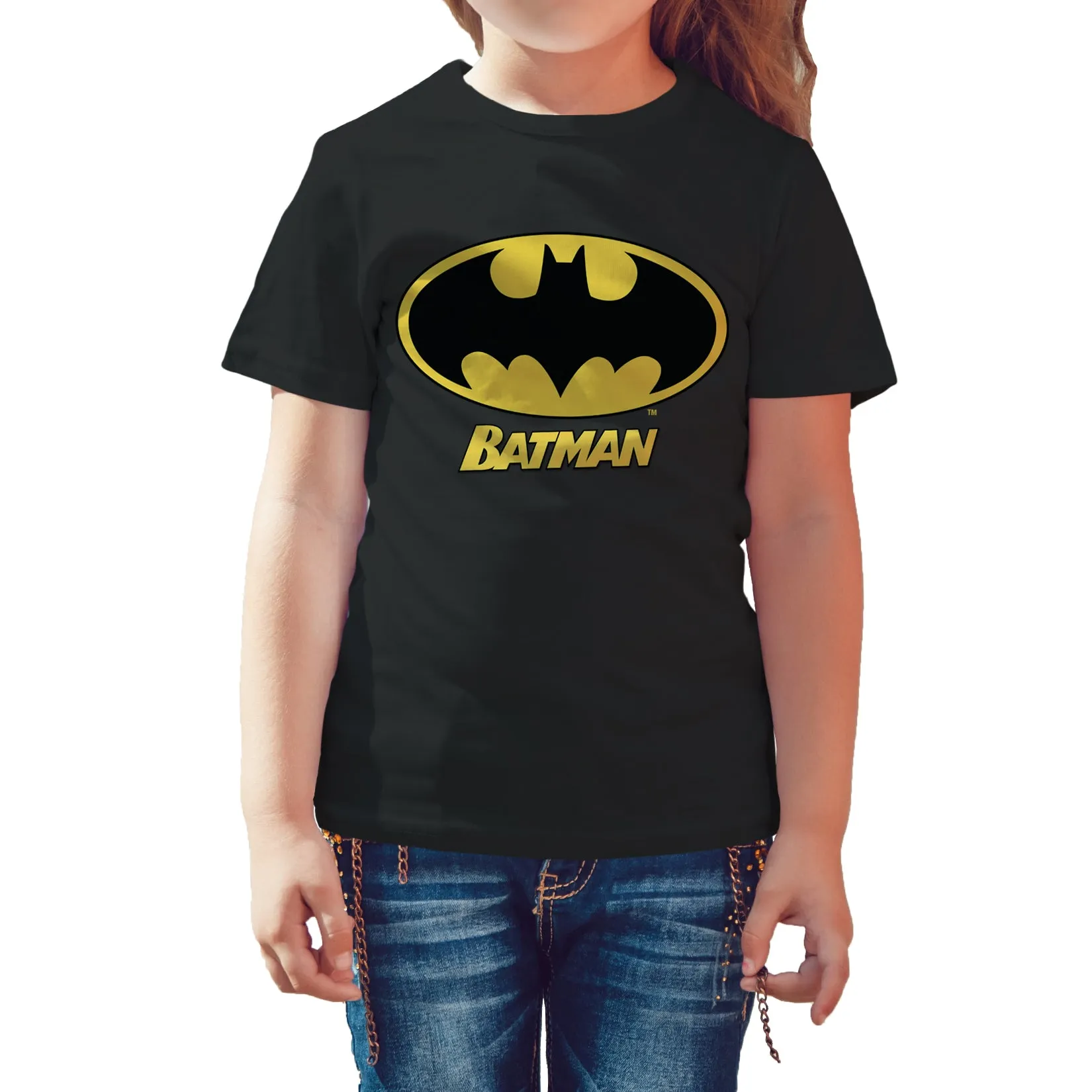DC Comics Batman Logo Name Official Kid's T-Shirt (Black)