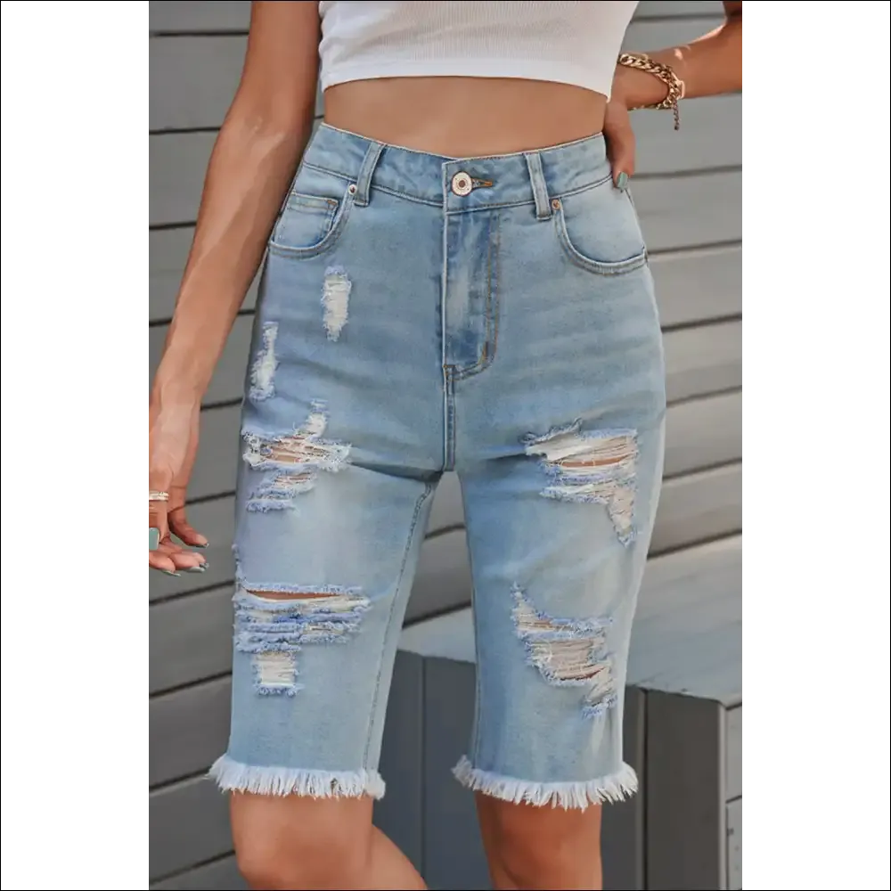 Distressed Raw Hem Denim Bermuda Shorts - Chic & Casual