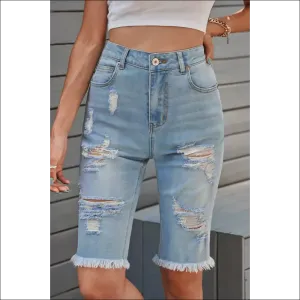 Distressed Raw Hem Denim Bermuda Shorts - Chic & Casual