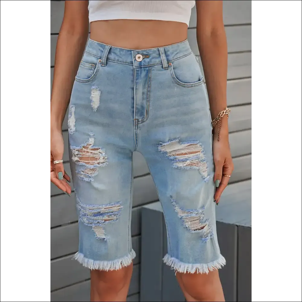 Distressed Raw Hem Denim Bermuda Shorts - Chic & Casual