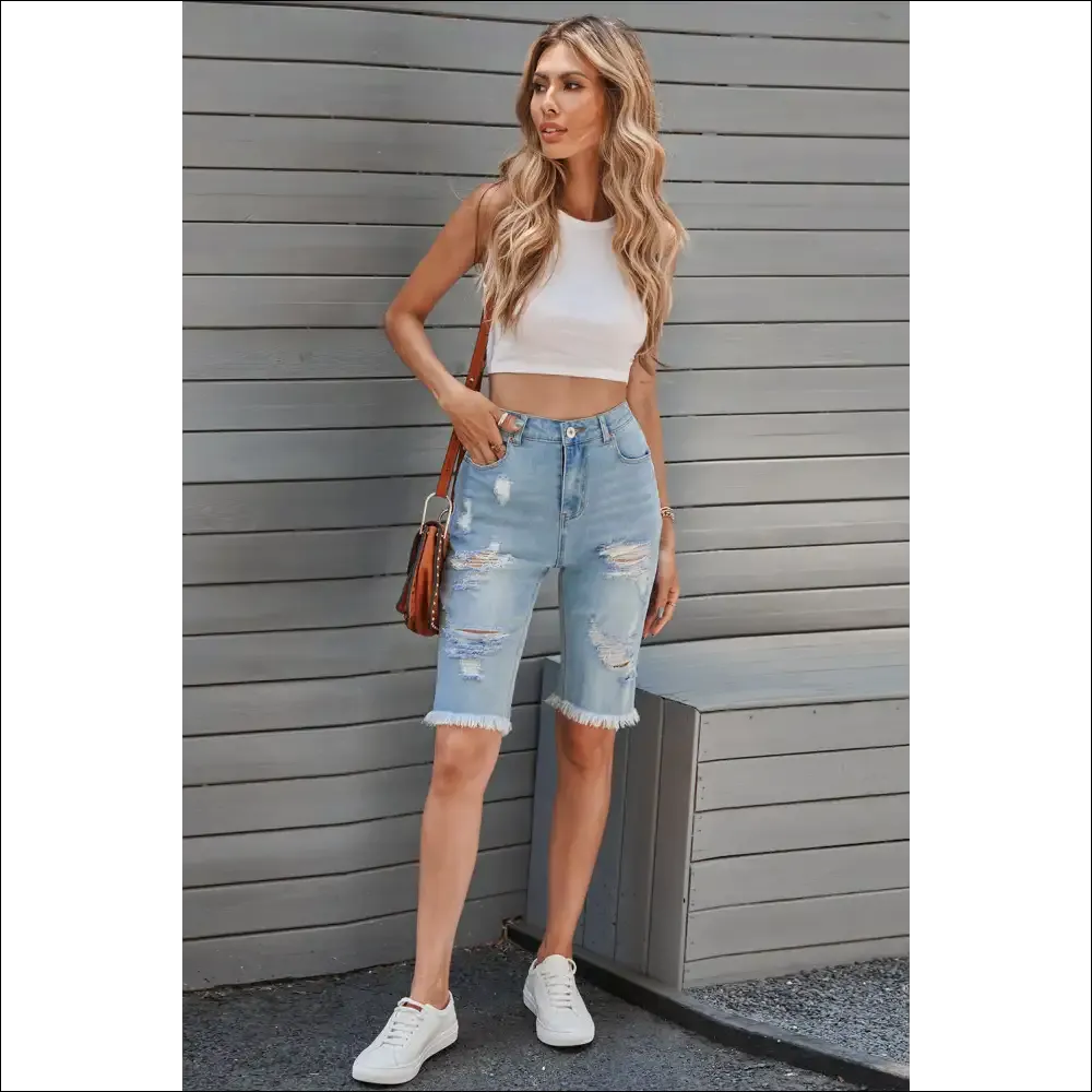 Distressed Raw Hem Denim Bermuda Shorts - Chic & Casual