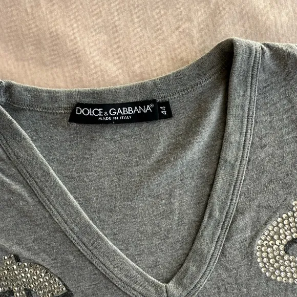 Dolce &amp; Gabbana Gray V-Neck T-Shirt with Rhinestone Design, Authentic