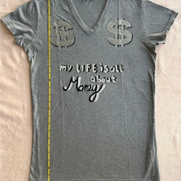 Dolce &amp; Gabbana Gray V-Neck T-Shirt with Rhinestone Design, Authentic