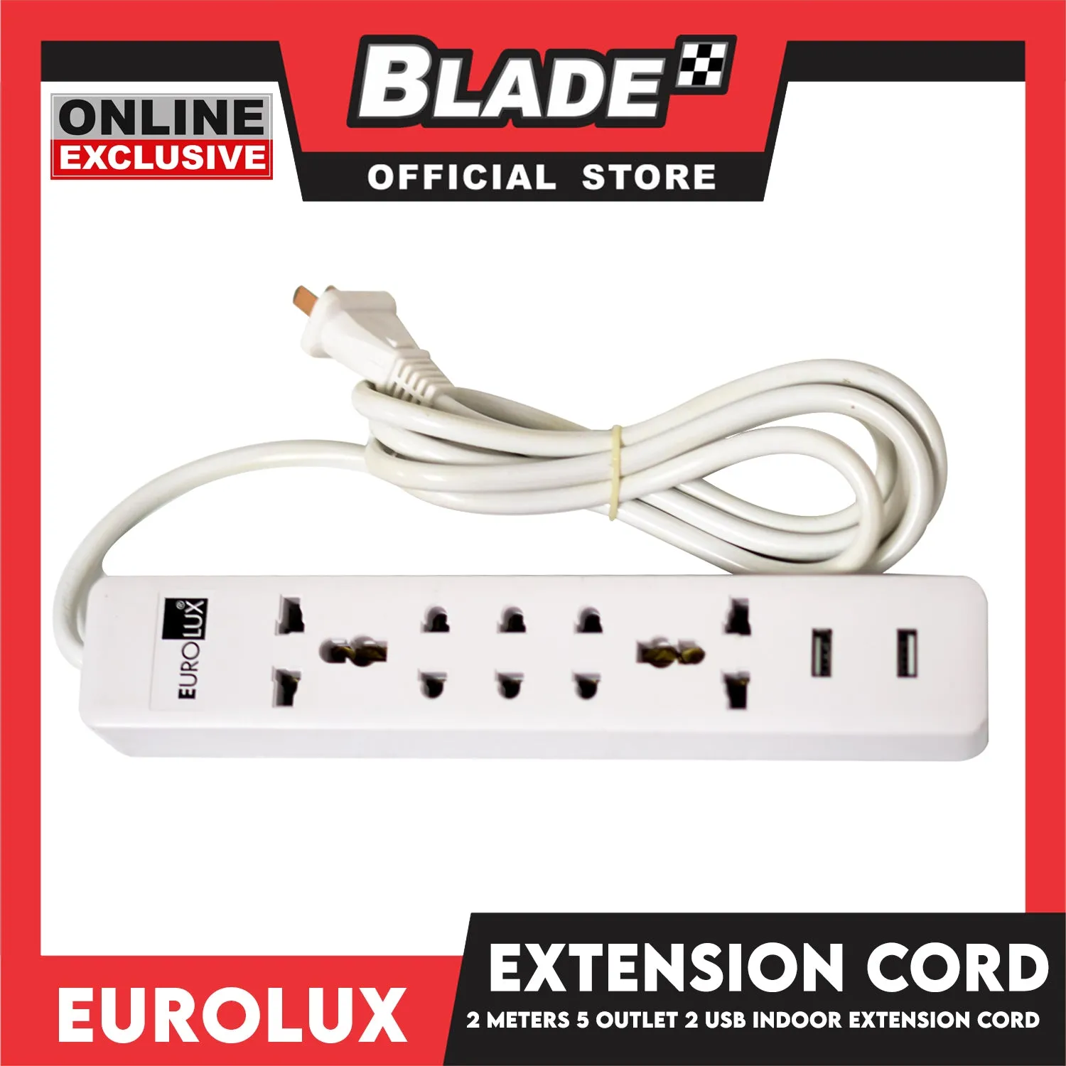 Eurolux 2Meters Extension Cord 5 Outlet 2 USB Periquet Universal Plug Wall Mount for Home Office and Dorm