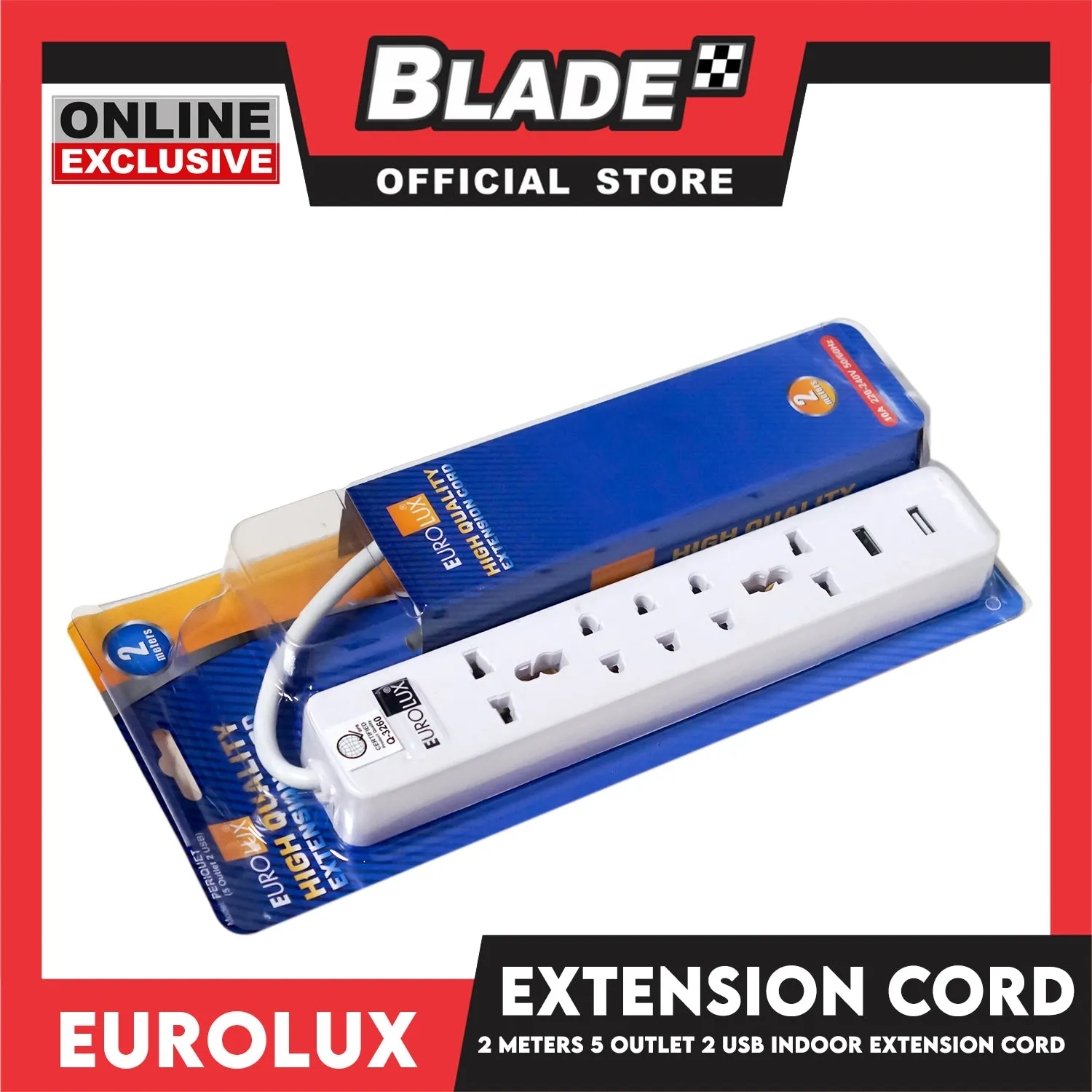 Eurolux 2Meters Extension Cord 5 Outlet 2 USB Periquet Universal Plug Wall Mount for Home Office and Dorm