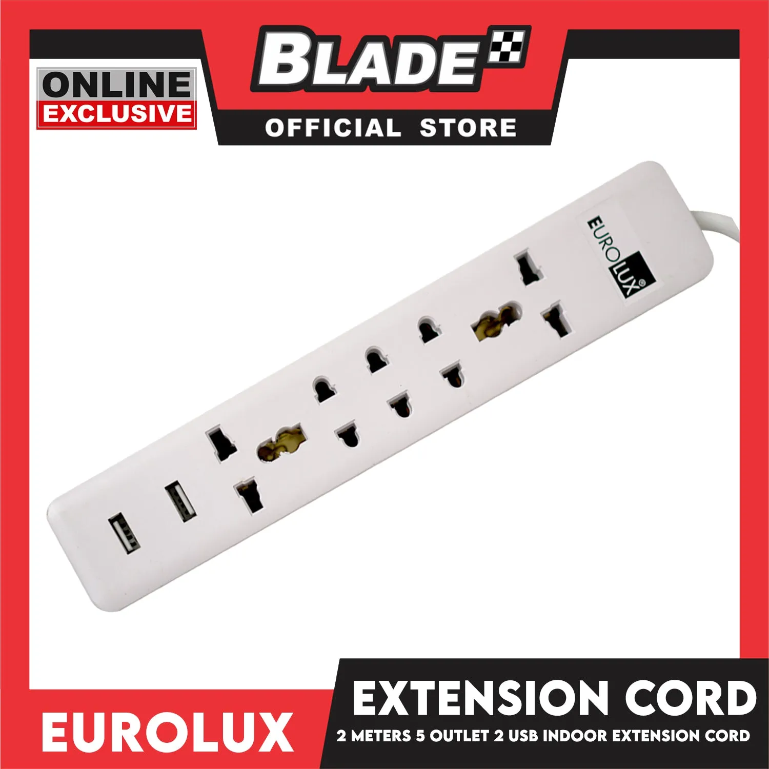 Eurolux 2Meters Extension Cord 5 Outlet 2 USB Periquet Universal Plug Wall Mount for Home Office and Dorm