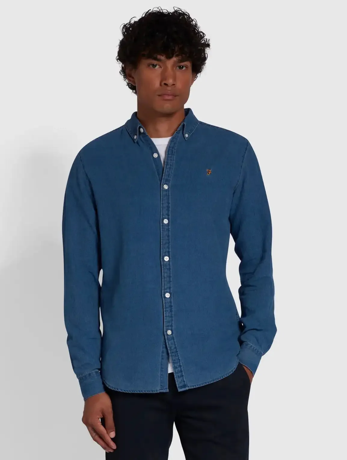 Farah Men's Brewer Long Sleeve Denim Shirt Mid Indigo Blue